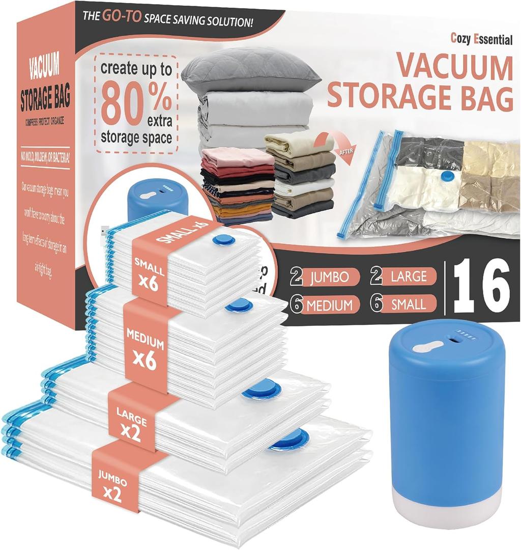 16 Pack Travel Vacuum Storage Bags with Rechargeable Wireless Electric Pump for Luggage, Suitcase, Carry-on Size Vacuum Seal Compression Space Saver Bags for Clothes and Clothing Travel