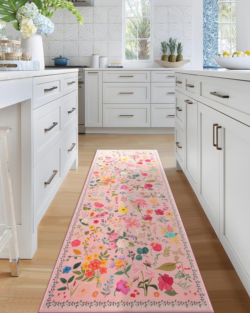 Boho Floral Runner Rug 2x6, Washable Non-Slip Kitchen Rug, Ultra Soft Vintage Carpet for Hallways, Kitchen, Bedroom, Bathroom (Pink)