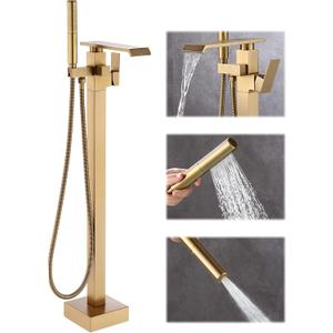Waterfall Free Standing Tub Faucet, Floor Mount Bathroom Tub Filler Freestanding Bathtub Shower Faucets with Handheld Sprayer, Brushed Gold