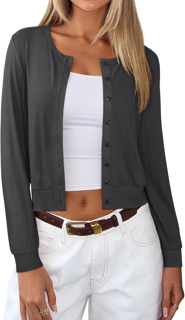 REORIA Womens 2025 Fall Fashion Lightweight Long Sleeve Button Down Casual Wool Blend Cardigan Sweaters (Gray, M)