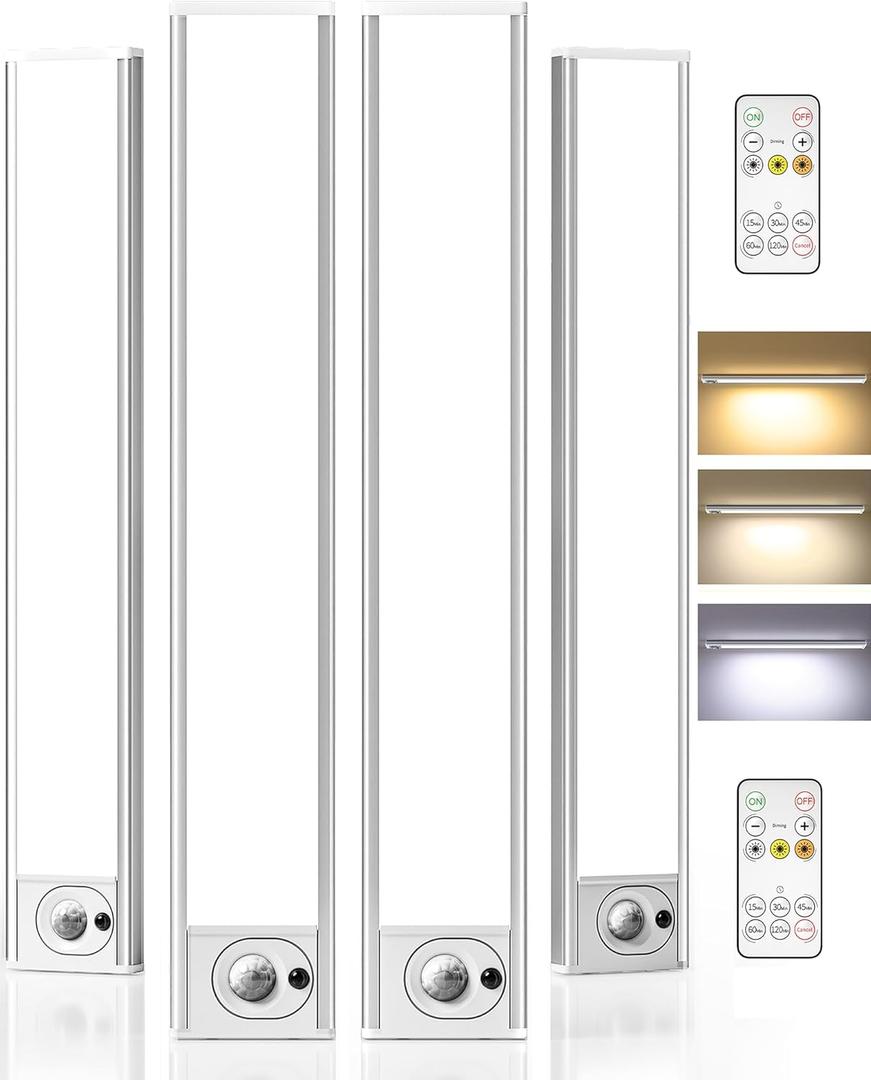 4Pack 12inch Under Cabinet Lighting with Remote, 2400mAh USB Rechargeable Battery LED Lights, Smart Motion Sensor Wireless Indoor, Dimmable 3 Color Temps Closet Light for Kitchen, Stairs