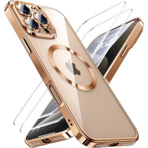 JUESHITUO for iPhone 16 Pro Case with 2X Screen Protection [Built-in Lens Protector] [Stronger N56 Magnets] [Not-Yellowing] Compatible with Magsafe Women Girls Color Clear Case (6.3")- Desert Gold