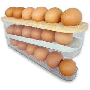 18 Egg Dispenser for Refrigerator  Durable Organizer with Wooden Lid, Space-Saving Egg Storage Bin for Freshness, Kitchen Organization, Easy Access & Stylish Design