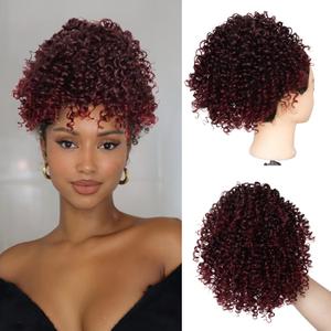 Red Curly Short Drawstring Ponytail Extension for Black Women Short Kinky Curly Burgundy Ponytail Drawstring Extension Synthetic Ombre Red Messy Bun Hair Piece Protective Style 10Inch(T1B/BUG)