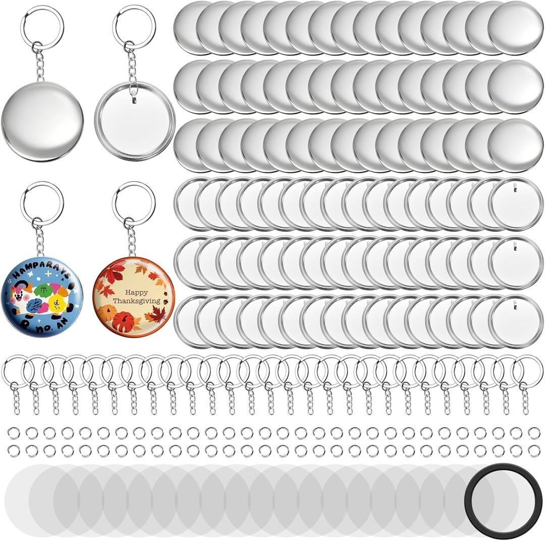 100 Pack Button Maker Keychain Supplies, 58 mm / 2.25 Inch Metal Keychain Making Kit for Button Maker Machine, Blank Badge Set with Metal Shell Back Cover, Plastic Film, Chain, Ring for DIY