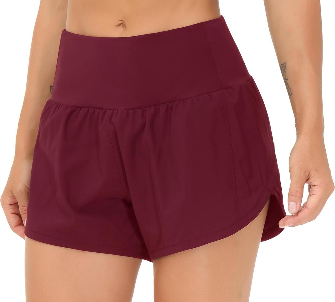 THE GYM PEOPLE Womens High Waisted Running Shorts Quick Dry Athletic Workout Shorts with Mesh Liner Zipper Pockets (Wine Red, Large)