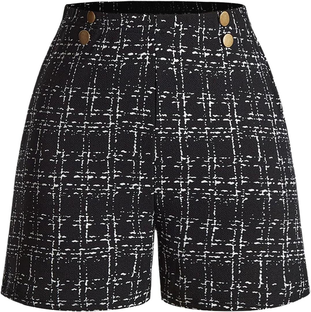 Women's Elegant Plaid Dress Shorts High Waisted Button Front Business Casual Shorts (Black, M)