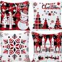 Set of 4 Happy Winter Snowflake Merry Christmas Tree Red Castle Deer with Snowman Cotton Linen Throw Pillow Case Cushion Cover Decorative for Sofa Living Room Square 24X24 Inches