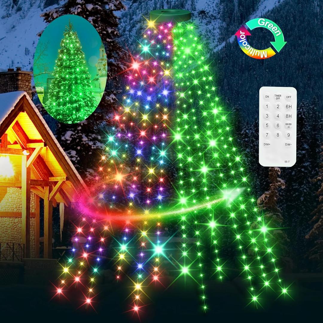 12 Modes Easy Christmas Tree Lights with Ring Indoor Outdoor - 6.56Ft x 12 Lines String 288 LED Timer Dimmable Remote Waterproof Lights for 6 7 Ft Xmas Tree Decor (Green or Multicolor)