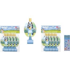 Bluey Birthday Party Supplies Bundle Pack includes 16 Party Blowouts and 1 Dinosaur Sticker Sheet