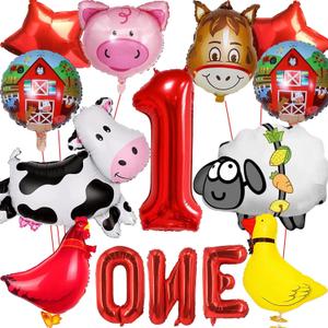 14 PCS Farm Animal Balloons Cow Sheep Duck Rooster Pig Donkey Balloons Barnyard Balloon Supplies with Large Number 1 Foil Balloon for Farm Animal Theme 1st Birthday Party Decor Supplies
