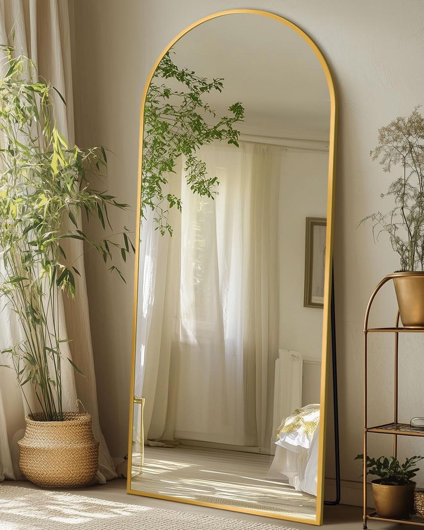 Full Length Mirror with Stand, 58"x19" Arched Full Body Mirror, Large Stand Up Aluminum Frame Floor Freestanding Hanging Leaning Mounted for Bedroom Living Room Entryway Gold