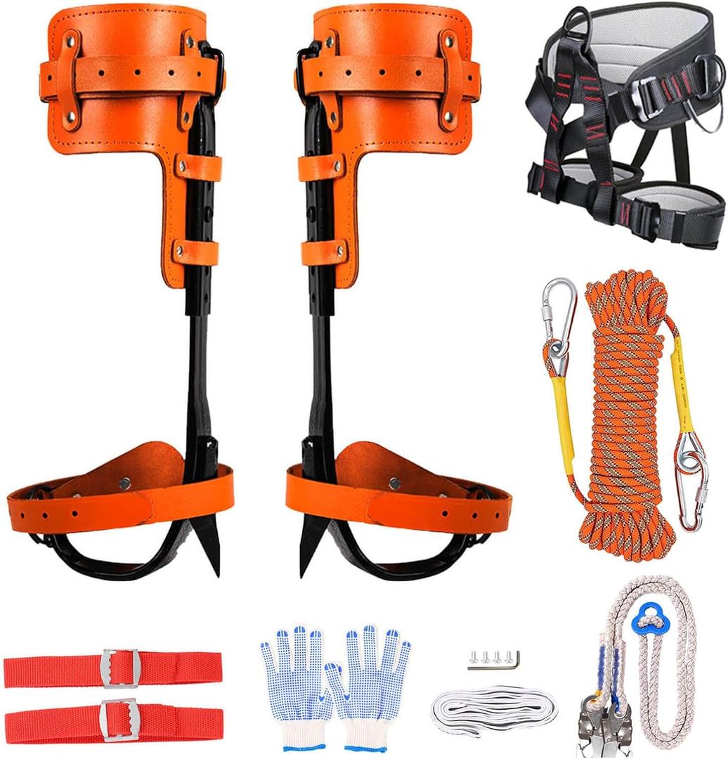 Tree Climbing Gear, Cowhide Leather Tree Climbing Spikes Set, Height-Adjustable Tree Climbing Spurs for Tree Work, Tree Trimming, Tree Cutting, Logging, Hunting, Picking Fruit, (Orange)