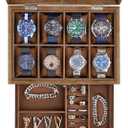 SONGMICS 8-Slot Watch Box, 2-Tier Watch Display Case with Large Glass Lid, Removable Pillows, Velvet Lining, Jewelry Box, Gift Idea, Rustic Walnut UJOW008K01