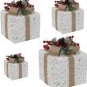 4PCS Boxes Set Iron Frame Hollow Christmas Boxes with Linen Bow LED Christmas Decorations with Natural Ornaments for Christmas, Christmas Decorations Indoor