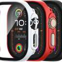 [3 Pack] Adorve Tempered Glass Case for Apple Watch Ultra/Ultra 2 Screen Protector 49mm, Hard PC Face Cover Overall Protection Anti-Scratch Bumper Cases for iWatch 49mm Accessories, Black/Red/White