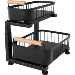 HTH Goods Premium Heavy Duty Carbon Steel Under Sink Organizer, Large 2 Tier Pull Out Cabinet Organizer, 7 Adjustable Heights with Smooth Ball Bearing Sliding Baskets for Bathroom & Kitchen