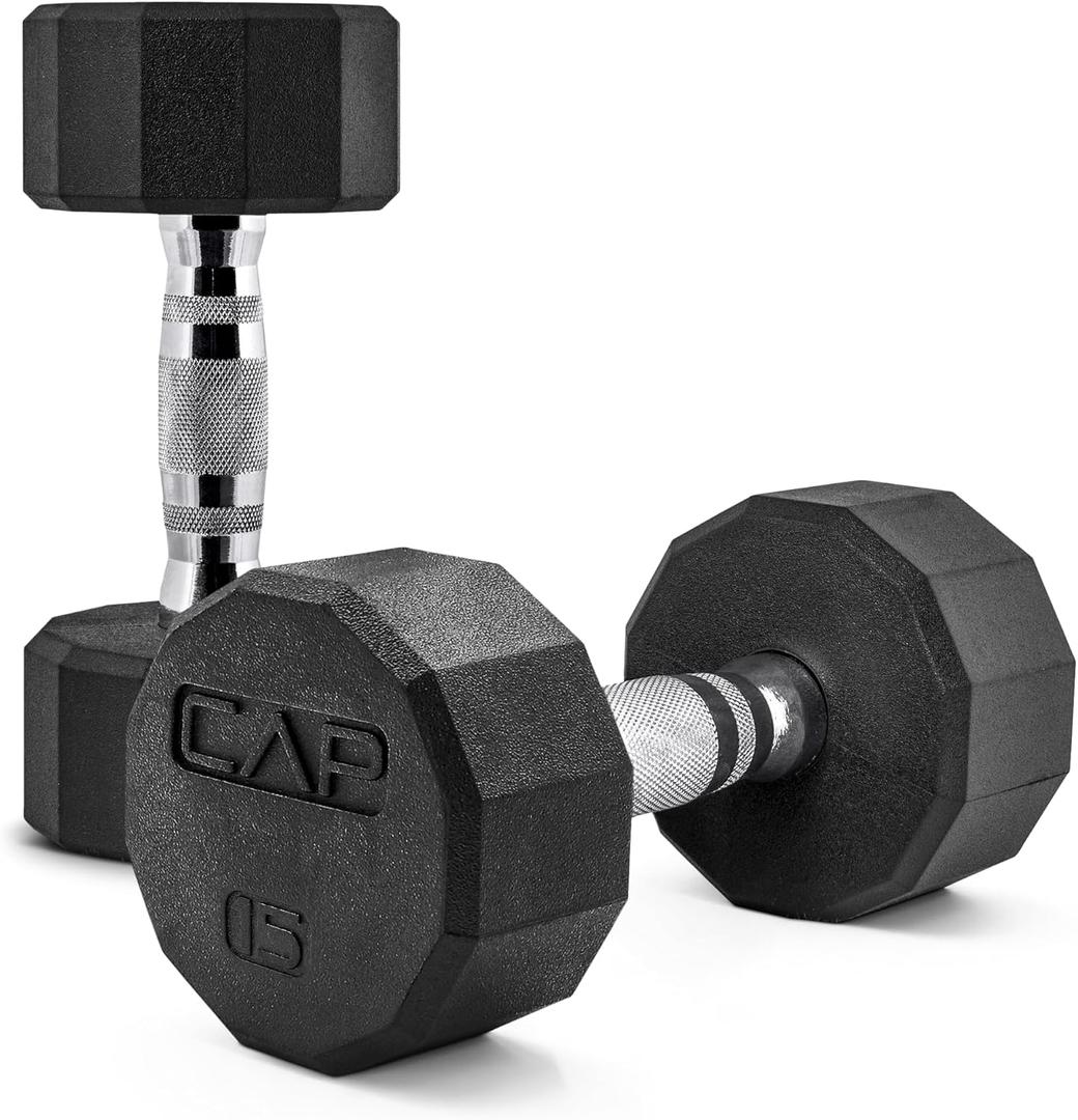 CAP 15 LB 12-Sided Rubber Coated Dumbbell Weight, Rubber Free Weights for Home Gym Strength Training, Chrome Handle, Pair
