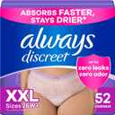 Always Discreet Adult Diapers for Women, Incontinence Underwear, Drier Than Depends, Postpartum Essentials, Disposable Briefs, Max Absorbency, Bladder Leak Protection, 2XL / XXL, 52ct