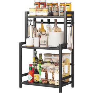 Kitchen Countertop Organizer, 3 Tier Large Spice Rack Organizer with Adjustable Shelf and 5 Hooks, Wooden Counter Organizer, Space Saving Countertop Shelf Microwave Stand for Kitchen,Coffee Bar,Black (Small)
