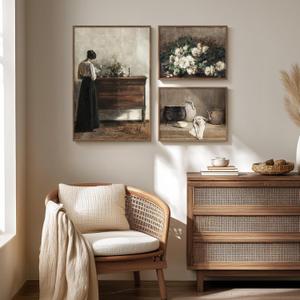 Large Framed Vintage Canvas Wall Art Sets, 3 Piece Farmhouse Flower and Woman Prints Painting, Retro Rustic Brown Picture Artwork Decor for Living Room Bedroom and Dining Room