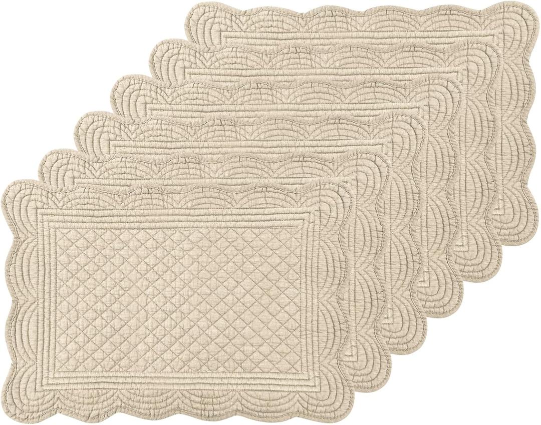 6 PC Quilted Placemats, 18"X13"Extra Large Cotton Placemats Set of 6, 100% Cotton Fabric Washable Cloth Table Mats for Kitchen & Dining Table - Soft &Easy Clean (Flax, Rectangular)