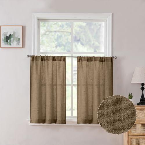 Tollpiz Short Linen Tier Curtains Rod Pocket Semi Sheer Half Kitchen Curtain Burlap Light Filtering Thick Linen Drapes for Bathroom, 30 x 24 Inches Long, Brown, Set of 2 Panels