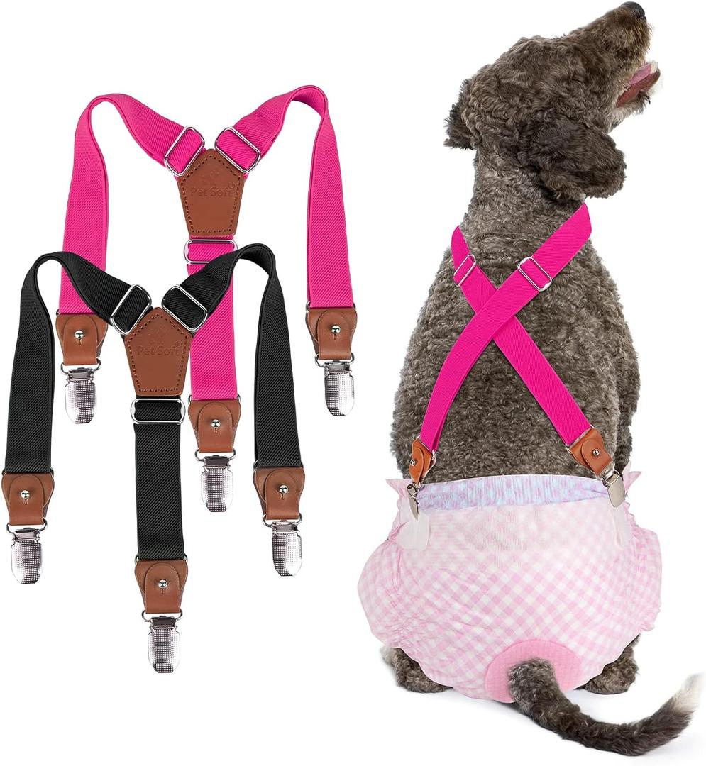 Pet Soft Dog Suspenders 2 Pieces Female Dog Diaper Suspenders for Dogs Diaper Keeper Suspender for Dogs Skirt, Doggy Dress (Black & Pink, S/M)