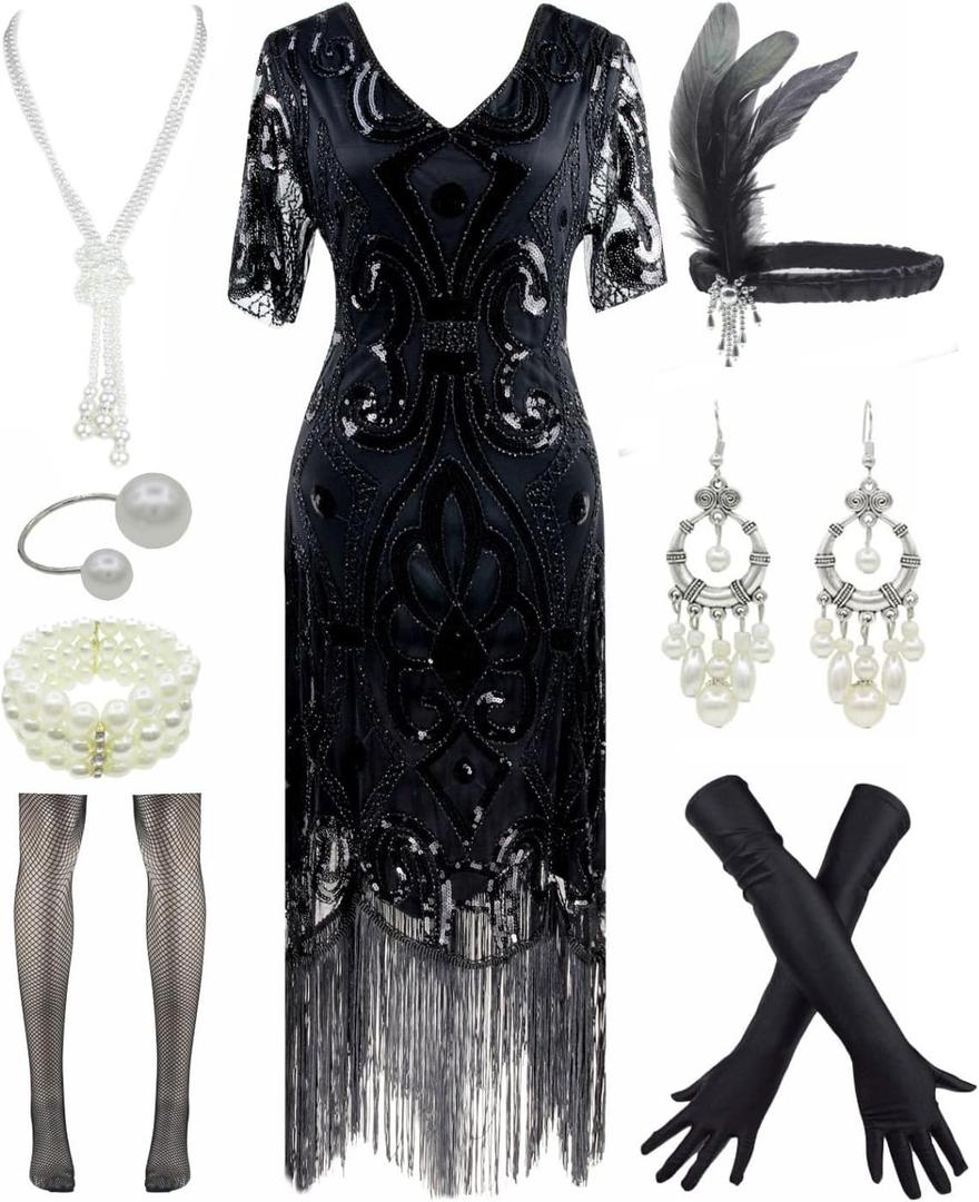 Women 1920s Gatsby Vintage Sequin Flapper Fringe Party Plus Dress with 20s Accessories Set (X-Large, Black Silver)