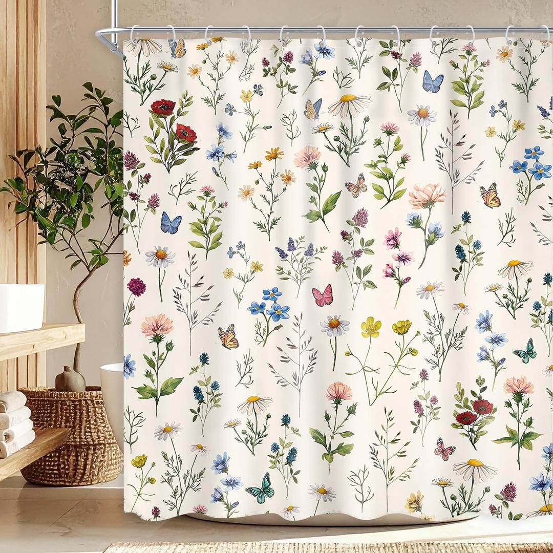 Ufeela Blue Bow Floral Shower Curtain 60Wx72L Inch Spring Watercolor Bowknot Pastel Wildflower Pretty Aesthetic Coquette Girly Women Bathroom Set Elegant Bath Curtain Bathtub Accessories Home Decor
