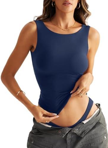 EasyGala Women Sleeveless Boat Neck Tops Double Lined Backless Tank Tops Basic Fitted T Shirts 2025, Medium, Estate Blue