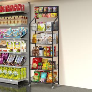 Nisorpa 5 Tier Supermarket Retail Display Racks, Free-Standing Metal Snack Candy Display Racks Cart with Wheels Chips Display Rack Stand for Convenience Stores Home Kitchen, 23.6 x 66.9 x 10.6 Inches