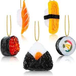 Hicarer 5 Pieces Sushi Ornament for Christmas Tree Christmas Funny Plastic Sushi Roll Ornament Hanging Decor Food Decorative Gift for Home Xmas Tree Party Decoration Supplies, 5 Styles