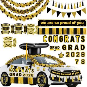34pcs Graduation Car Decorations 2026 Inflatable Grad Cap with Black Gold Magnets Tinsel Garlands Banners Kit for Class Set of 2026 Party, Parade Float, Indoor Outdoor Hanging Decor