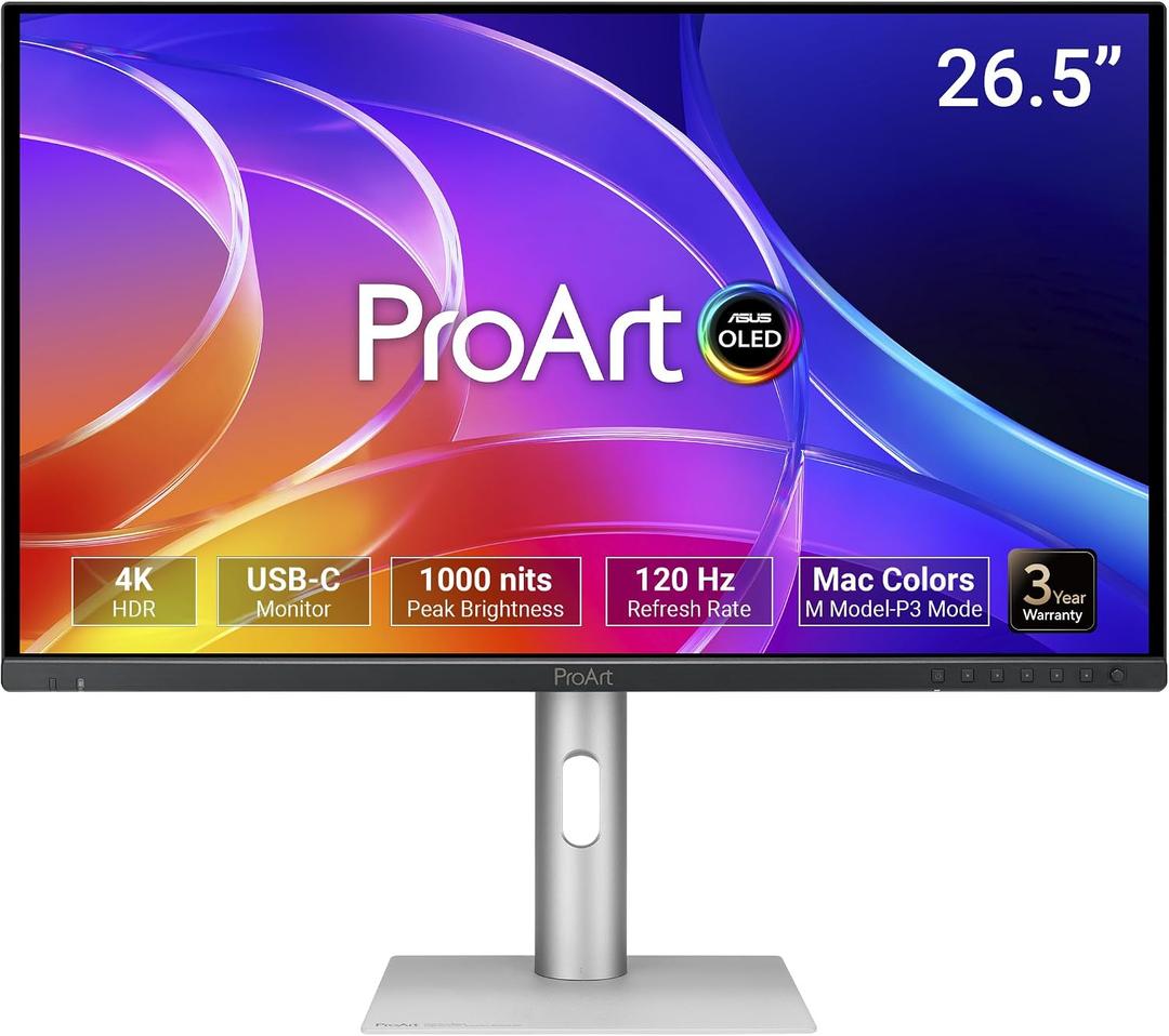 ASUS ProArt Display 27" 4K OLED USB-C Professional Monitor (PA279CDV) – QD-OLED, 120Hz, HDR10, 99% DCI-P3, ΔE < 1.5, Calman Verified, USB-C (96W PD), AutoKVM, Ergonomic Stand, Mac