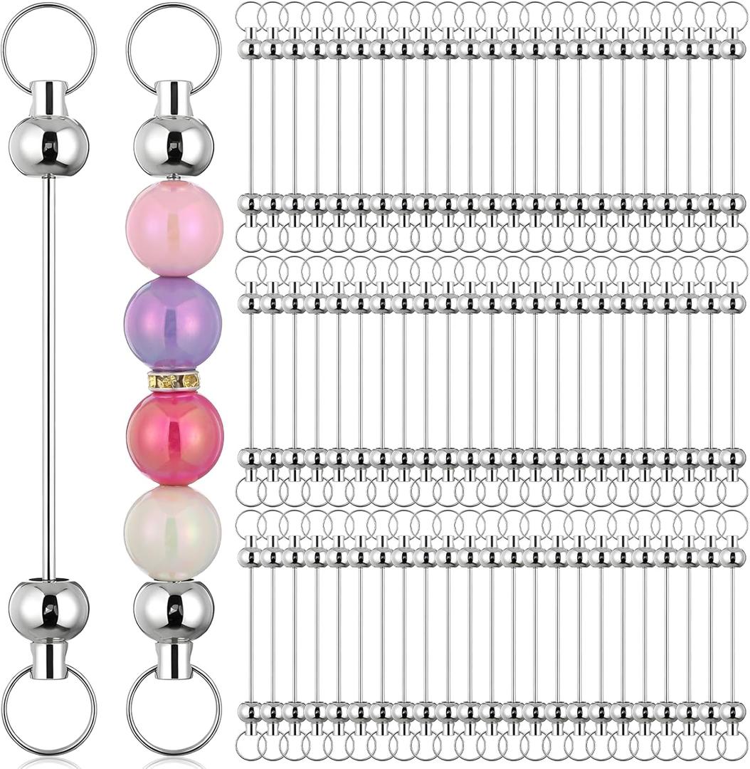 100pcs Blank Beadable Keychain Bars, Metal DIY Focal Bead Key Chain Bar Charms Making Supplies Beadable Keychain Bars Accessories for Women Man Pendant DIY Crafts Jewelry Making, Easy to Detachable