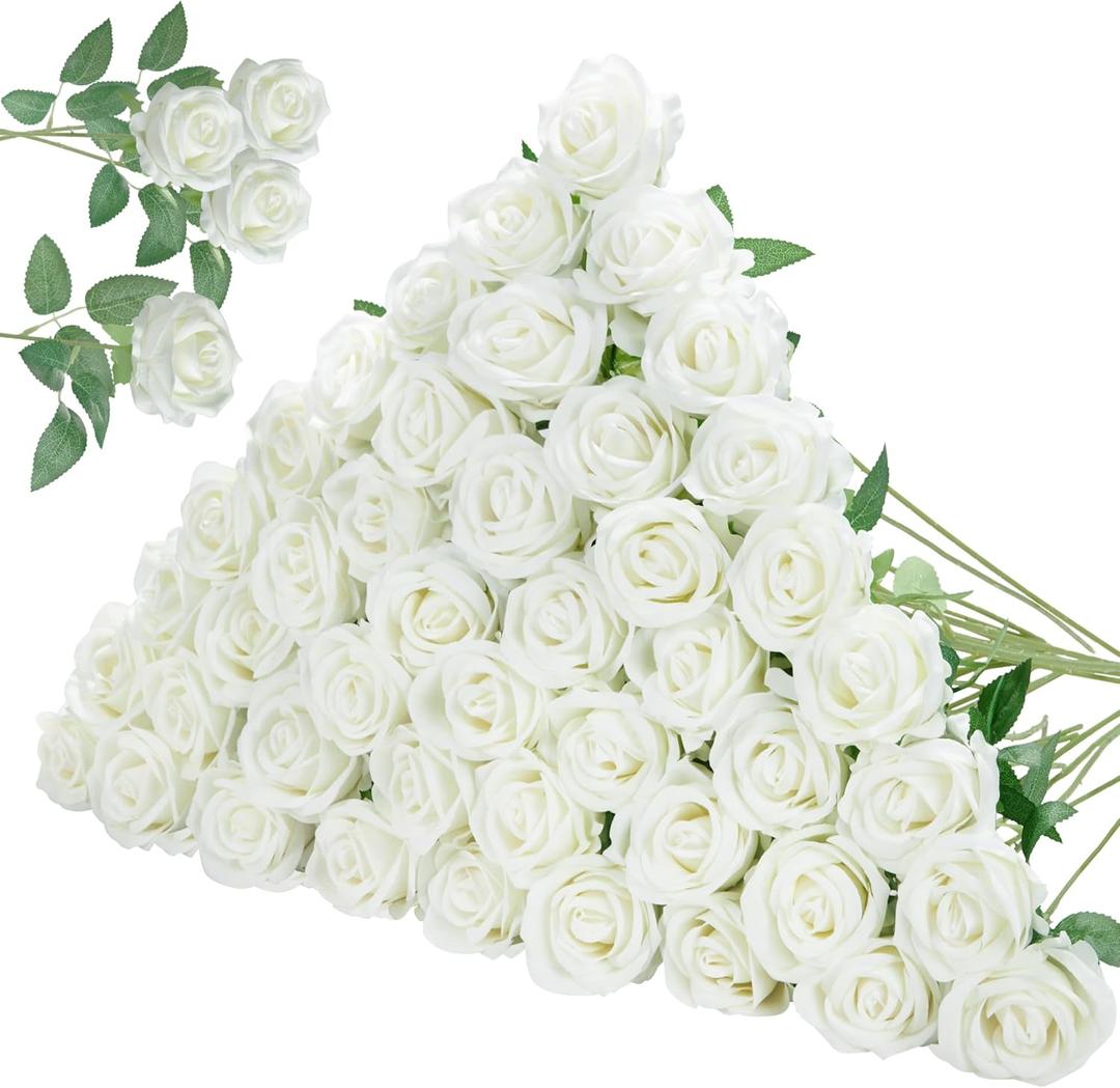 InnoGear 50 Pcs White Roses Artificial Flowers, Fake Velvet Silk Rose Bulk Faux Flower for Decoration DIY Wedding Centerpieces Proposal Bridal Bouquets Shower Party Home Floral Decor (50, White)