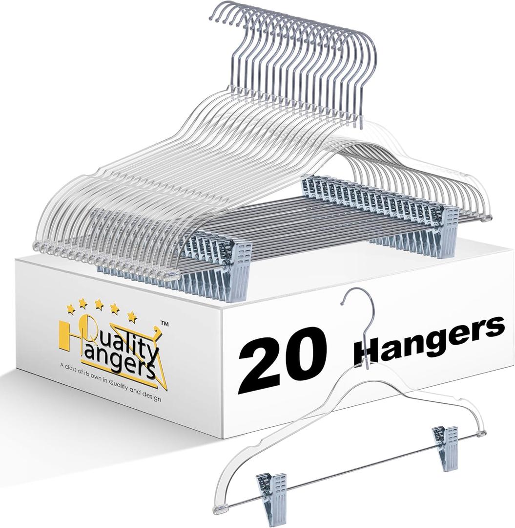 Clear Plastic Pants Hangers with Clips 20 Pack | Heavy Duty Skirt Hangers Swivel Hook and Notches | Space Saving Acrylic Clip Hangers for Pants | Suitable for All Clothing | 16.5 Inch (Clear, 20)