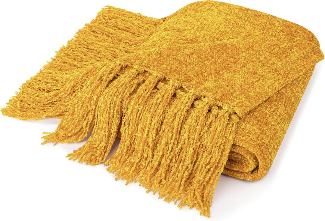 Pavilia Mustard Yellow Chenille Blanket for Twin Size Bed, Soft Gold Knit with Tassel Fringe, Woven Chenille Decorative Blanket for Sofa Couch Living Room Decor Gift, Twin 60x80