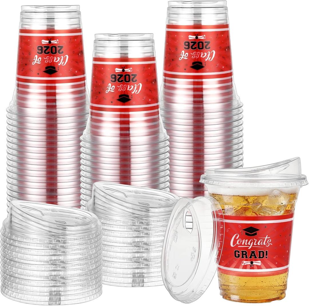 Bokon 100 Pcs 2026 Red Graduation Plastic Cups Bulk with Strawless Sip Lids 12oz Disposable Congrats Grad Cup Drinkware Class of 2026 Celebration for High School College Party Supplies Decoration