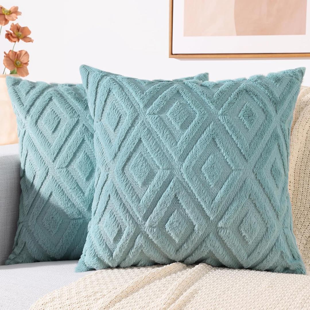 decorUhome Summer Couch Euro Sham Throw Pillow Covers 22x22 Set of 2, Decorative Soft Plush Faux Fur Wool Accent Pillow Covers for Modern Farmhouse Bed Sofa Living Room, Light Teal