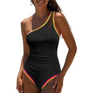 Popvil One Shoulder One Piece Swimsuit for Women Neon Color Block Bathing Suits Modest Full Coverage Swimwear (Black, XL)