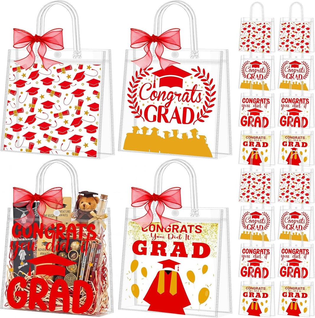 Kolldenn 48 Pcs Graduation Gift Bag Bulk 2026 Congrats Grad Clear Goodies Bags with Handle Reusable Treats Tote Bag for Students High School College Graduates End of School Year Class Party(Red)