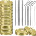 uxcell 25pcs Stainless Steel Mason Jar Lids with Straw Hole, 70mm Metal Canning Lid Mason Storage Covers Caps with Silicone Ring/Straws/Cleaning Brush Gold