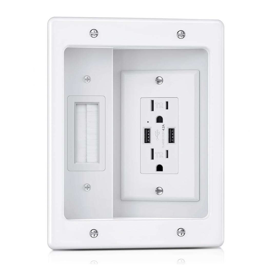 ZEXMTE in Wall Cable Management Kit with AC Outlets & USB Ports, Recessed Outlet Boxin Wall TV Power Kit, Hide Cords Recessed Wall Outlet for TV & Low Voltage Cables, White