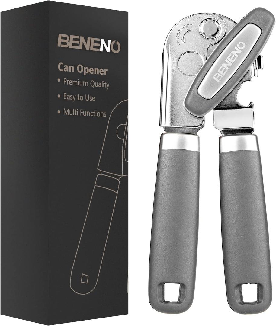 Beneno Heavy Duty Hand Can Opener Manual with Magnet, Durable Sharp Carbon Steel Blade Smooth Cutting, Big Effort-Saving Knob & Soft Grip Handle, Multifunctional Kitchen Tool with Bottle Opener, Gray
