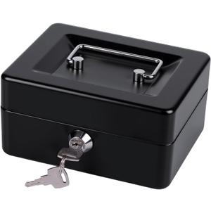 Small Cash Box with Money Tray and Lock, Metal Cash Lock Box with Key, Petty Cash Box for Money 5.9 x 4.7 x 3.1 Inches Black