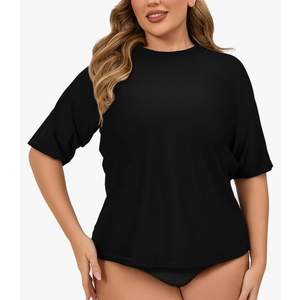 Halcurt Women's Plus Size Short Sleeve Rash Guard Swim Shirts Top Only Loose Fit Swim Tee UPF50+ Swimsuit, Black , 1X