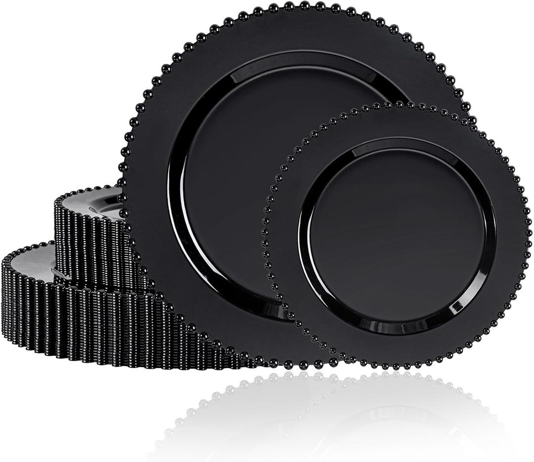 U-QE 60PCS Black Plastic Plates - Heavy Duty Black Disposable Plates Including 30PCS 10.25'' Dinner & 30PCS 7.5'' Dessert Plates -Hard Plastic Plate for Party Wedding Bridal Shower