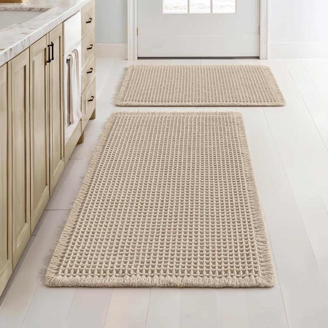 MIULEE Set of 2 Waffle Bathroom Rugs, Boho Bath Rugs Non Slip Washable, Super Absorbent Bath Mats, Ultra Soft Rubber Backed Shower Mats for Bathroom Floor, Tub, Pale Beige, 17"x24"+18"x30"